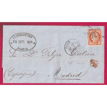 N°38 PARIS ETOILE 22 RUE TAITBOUT POUR MADRID ESPAGNE 1874  LETTRE