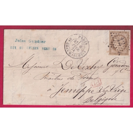 N°56 PARIS ETOILE 12 BT BEAUMARCHAIS POUR JEMEPPE BELGIQUE 1874  LETTRE