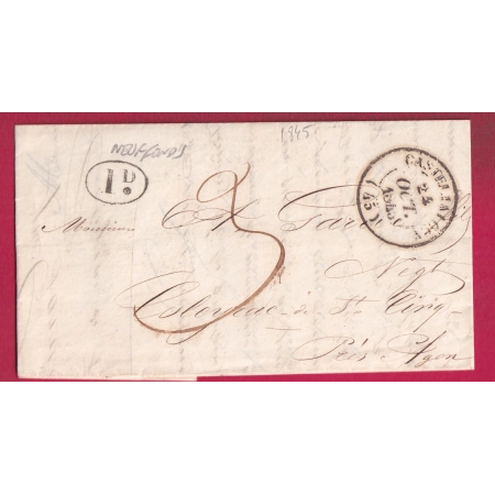 CAD TYPE 14 CASTEJALOUX LOT ET GARONNE DECIME RURAL NOIR DE NEUFFONS GIRONDE POUR AGEN 1845 LETTRE