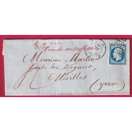 N°14 PAIS BUREAU J 1856 TAXE MANUSCRIT EN ROUGE 4 MENTION POIDS 8 GRAMMES TIMBRE INSUFFISANT POUR MEZILLES YONNE LETTRE