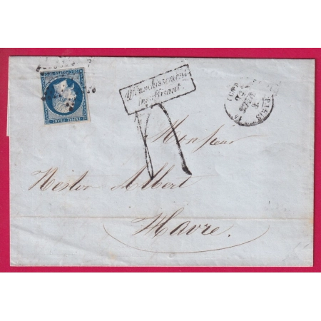N°14 PARIS TOUTE 14 TAXE TAMPON 4 GRIFFE SPECIALE AFFR INSUFFISANT POUR LE HAVRE SEINE INFERIEURE LETTRE