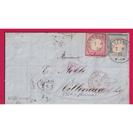 ALSACE LORRAINE WASSELNHEIM WASSELONNE BAS RHIN POUR VILLENEUVE SUR LOT ET GARONNE 1872 ETIQUETTE PUB AU DOS LETTRE