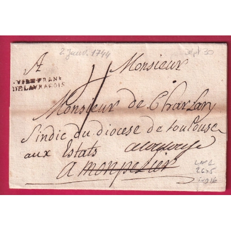 MARQUE VILLEFRANCHE DE LAURAGAIS HAUTE GARONNE LENAIN N°1 POUR MONTPELLIER REEXP TOULOUSE 1744 INDICE 16 LETTRE