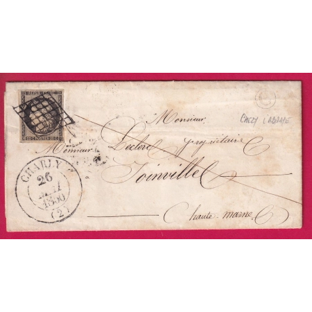 N°3 GRILLE + CAD TYPE 13 CHARLY AISNE BOITE RURALE C CHEZY L'ABBAYE POUR JOINCILLE HAUTE MARNE 1850 LETTRE