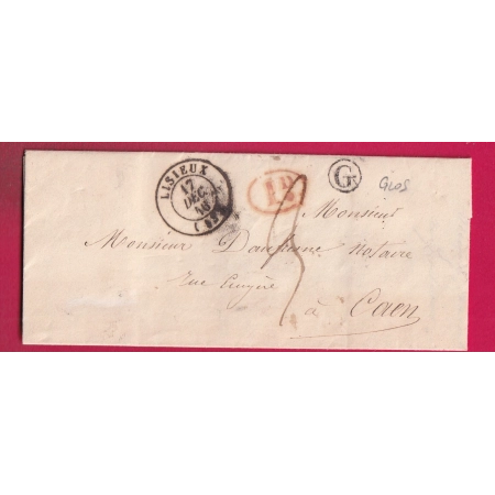 CAD TYPE 15 LISIEUX CALVADOS BOITE RUALE G GLOS DECIME RURAL POUR CAEN 1846 LETTRE