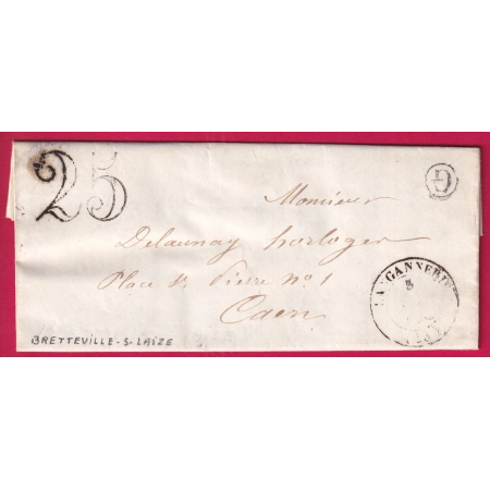 CAD TYPE 14 LANGANNERIE CALVADOS BOITE RURALE G BRETTEVILLE SUR LAIZE POUR CAEN 1852 LETTRE