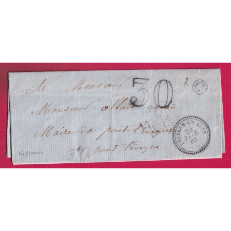 CAD TYPE 22 BEUVRON AU BAC CALVADOS BOITE RURALE C A IDENTIFIER POUR PONT L'EVEQUE 1863 LETTRE