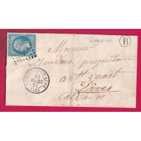 N°22 GC 387 BEAUMONT EN AUGE CALVADOS BOITE RURALE B GLANVILLE POUR DIVES LETTRE