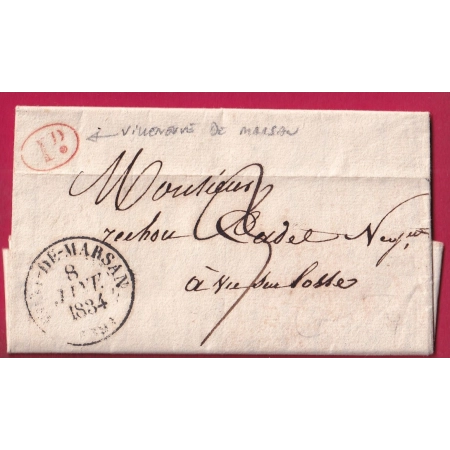 CAD TYPE 13 MONT DE MARSAN LANDES DECIME RURALE VILLENEUVE DE MARSAN 1834 POUR VIC SUR LOSSE GERS LETTRE