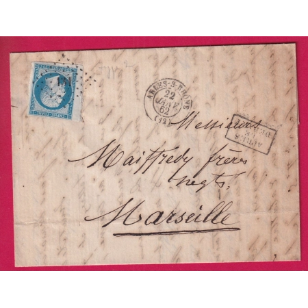 N°14B BDF PC 131 ARLES SUR RHONE BOUCHES DU RHONE POUR MARSEILLE 1862 LETTRE