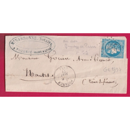 N°46B GC 2997 POUANCE MAINE ET LOIRE CAD TYPE 16 AU DOS BUREAU DE PASSE 99 ANGERS LETTRE