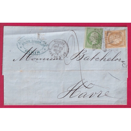 N°20 59 PARIS ETOILE 26 GARE DU NORD 28 SEPTEMBRE 1871 TAXE MANUSCRIT 2 POUR LE HAVRE SEINE INFERIEURE LETTRE