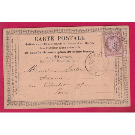 N°58 PARIS ETOILE 2 R MILTON POUR PARIS 1873 CARTE PRECURSEUR LETTRE