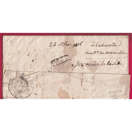 TRIPLE DEBOURSE DEB 45 AGEN CASTELJALOUX ET MARMANDE EN ROUGE LES 3 DU MEME DEPARTEMENT LOT ET GARONNE RARE 1816 LETTRE