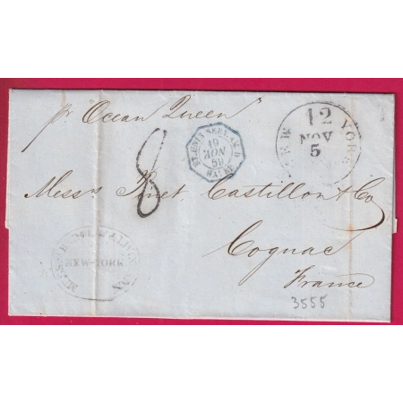 LETTRE DE NEW YORK 1859 CACHET MESSAGERIE PAR STEAMER OCEAN QUEEN POUR COGNAC CHARENTE LETTRE