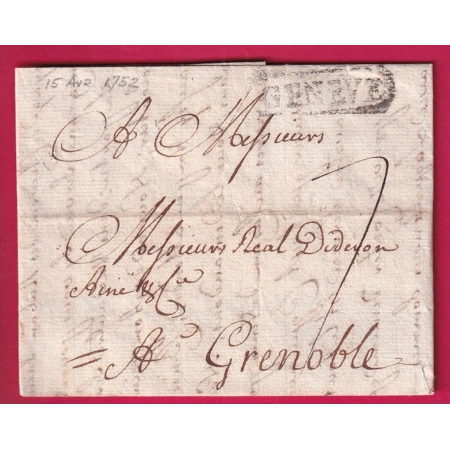 MARQUE ENCADREE GENEVE SUISSE 1752 POUR GRENOBLE ISERE LETTRE