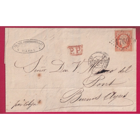 N°23 GC 1769 LE HAVRE LE PORT POUR BUENOS AIRES ARGENTINE 1868 STEAMER COBIJA LETTRE