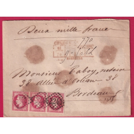 N°32 BANDE DE 3 GC 2240 MARSEILLE LETTRE CHARGE DEUX MILLE FRANCS POUR BORDEAUX LETTRE