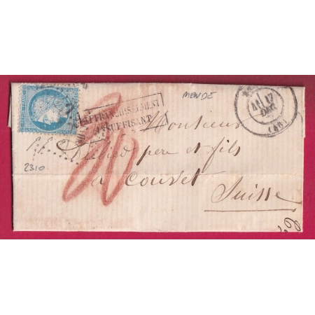 N°60 GC 2310 MENDE LOZERE TAXE SUISSE 30 AFFRAN INSUFF POUR COUVET SUISSE LETTRE
