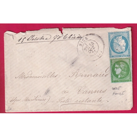 N°37 + 42B VERT FONCE GC NICE ALPES MARITIMES 14 OCT 1871 POUR CANNES LETTRE