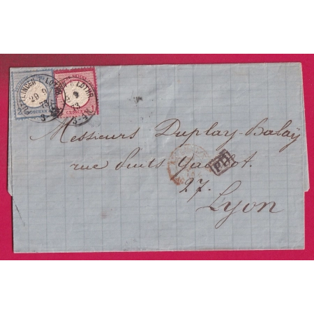 ALSACE LORRAINE PUTTELANGE MOSELLE 1873 POUR LYON RHONE ETIQUETTE PUB AU DOS LETTRE