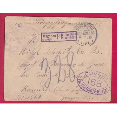WW1 1918 CENSURE 168 + CENSURE 5 PRISONNIER DE GUERRE ROUEN CROISSET + CENSURE HAGENAU BAS RHIN DEPART ALLEMAGNE LETTRE