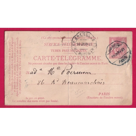 ENTIER PNEUMATIQUE 50C ROUGE SAGE PARIS 1881 GRENELLE CAD TELEGRAPHIQUE LETTRE