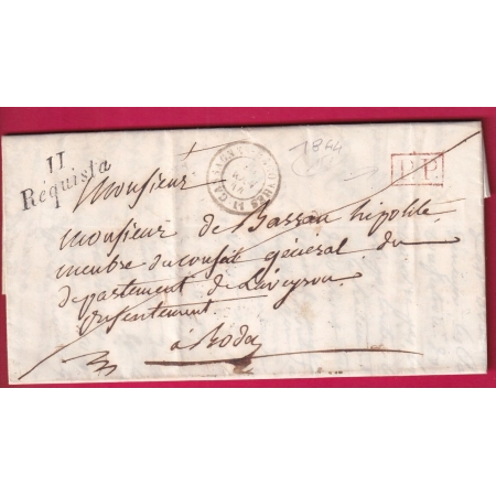 CURSIVE 11 REQUISTA AVEYRON 1844 + PP ROUGE POUR RODEZ LETTRE
