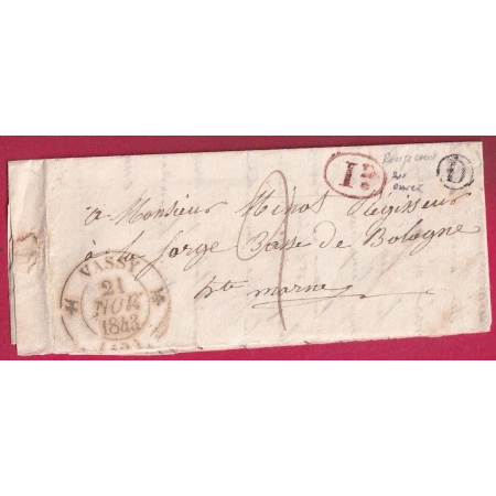 CAD TYPE 12 WASSY VASSY HAUTE MARNE 1843 BOITE RURALE D ROUGECOURT SUR BLAIZE DECME RURALE POUR BOLOGNE LETTRE