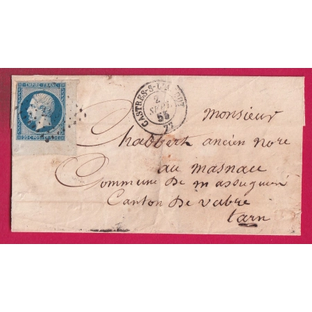 N°14 COIN DE FEUILLE PC 647 CASTRES SUR L'AGOUT TARN POUR VABRE 1855 TYPE 13 AU DOS LETTRE