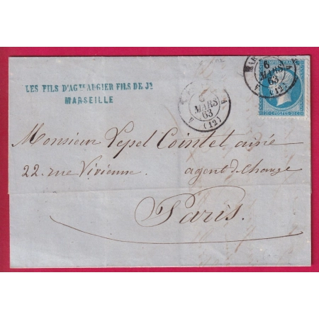N°22 CAD MARSEILLE 4 12 4 FRAPPE DEUX FOIS 1863 POUR PARIS LETTRE