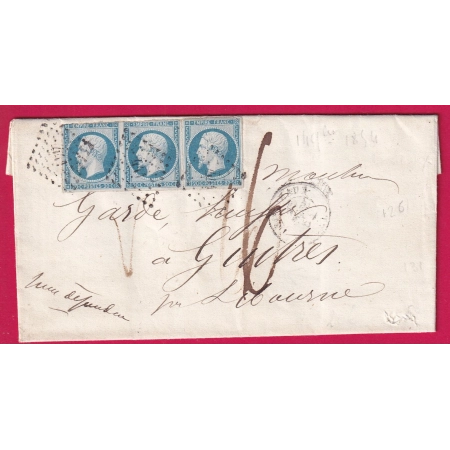 N°14 BLEU LAITEUX BANDE DE 3 PC 441 BORDEAUX TAXE MANUSCRIT 6 POUR GUITRES GIRONDE 1854 LETTRE