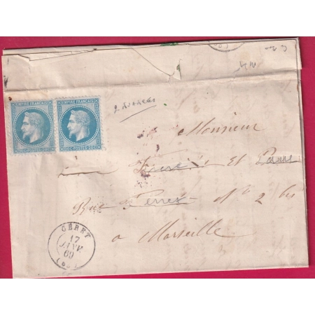 N°29 NEUF SANS GOMME 2 NUANCES DIFFERENTES CAD CERET PYRENEES ORIENTALES POUR MARSEILLE 1869 LETTRE