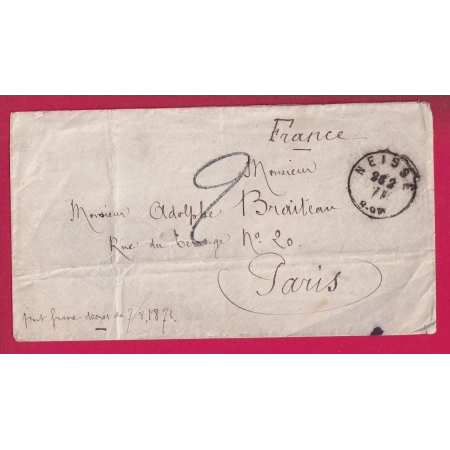 GUERRE 1870 PRISONNIER DE GUERRE CAMPS DE NEISSE ALLEMAGNE 26.02.1871 POUR PARIS TAXE TAMPON 2 LETTRE