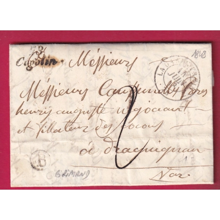 CURSIVE 78 COGOLIN VAR 17mm 1848 BOITE RURALE B GRIMAUD T15 LA GARDE FREINET POUR DRAGUIGNAN LETTRE