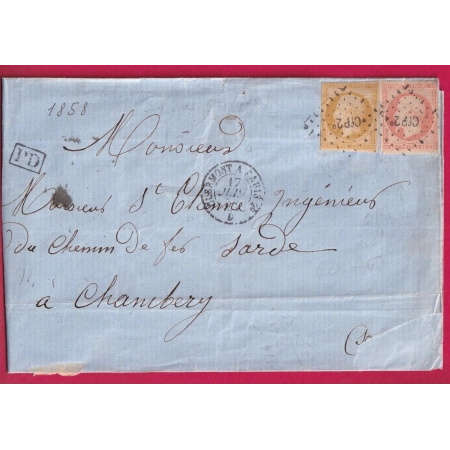N°13  16 AMBULANT CLERMONT A PARIS CFP2° 1858 POUR CHEMIN DE FER SARDE CHAMBERY SAVOIE LETTRE