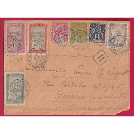 MADAGASCAR NOSSI BE EN BLEU 1909 RECOMMANDE POUR ROSARIO ARGENTINE ARGENTINA LETTRE