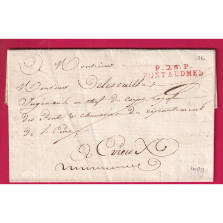 MARQUE P26P PONT AUDEMER EURE EN ROUGE 1816 POUR EVREUX INDICE 11 LETTRE