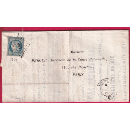 N°4 PC 364 CAD TYPE 14 BENFELD BAS RHIN POUR PARIS ENVELOPPE IMPRIME INDICE 19 LETTRE