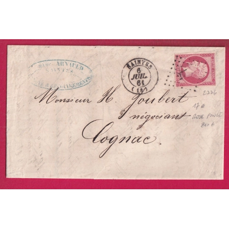 N°17B ROSE FONCE PC 2776 ROSE FONCE SAINTES CHARENTE INFERIEURE 1861 POUR COGNAC CHARENTE LETTRE