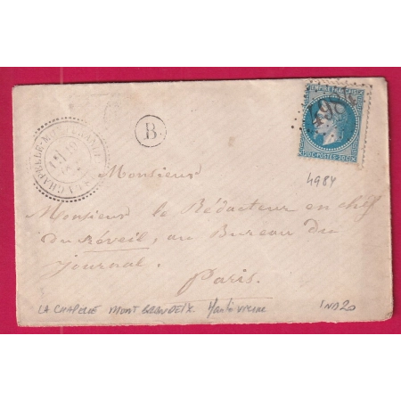 N°29 GC 4984 LA CHAPELLE MONTBRANDEIX HAUTE VIENNE CAD TYPE 24 INDICE 20 POUR PARIS 1869 LETTRE