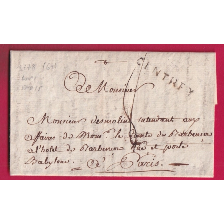 MARQUE CINTREY HAUTE SAONE 1778 LENAIN N°1 INDICE 15 POUR PARIS LETTRE