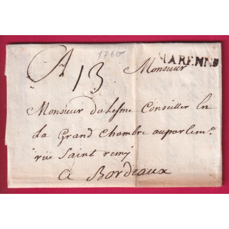 MARQUE MARENNES CHARENTE INFERIEURE 1760 LENAIN N°3 INDICE 14 POUR BORDEAUX GIRONDE LETTRE
