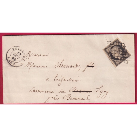 N°3 GRILLE PUISEAUX LOIRET AU DOS CURSIVE 73 BEAUMONT DU GATINAIS SEINE ET MARNE 1849 LETTRE