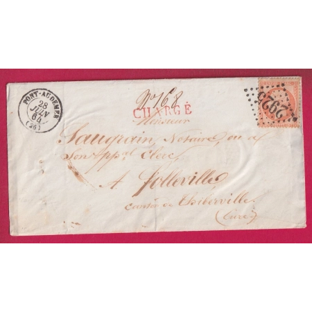 N°23 GC 2925 PONT AUDEMER EURE LETTRE CHARGE POUR FOLLEVILLE EURE 1864 LETTRE