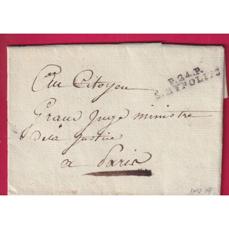MARQUE P24P ST HYPPOLYTE SUR LE DOUBS ANXII 1804 POUR PARIS INDICE 19 LETTRE