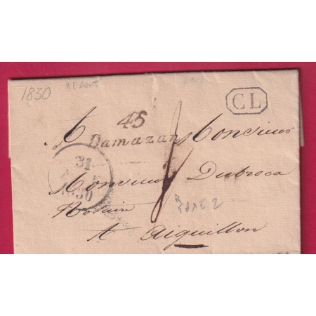 CURSIVE 45 DAMAZAN EN NOIR LOT ET GARONNE CL + TAXE LOCALE 2 DOUBLE PORT LOCAL POUR AIGUILLON 1830 LETTRE