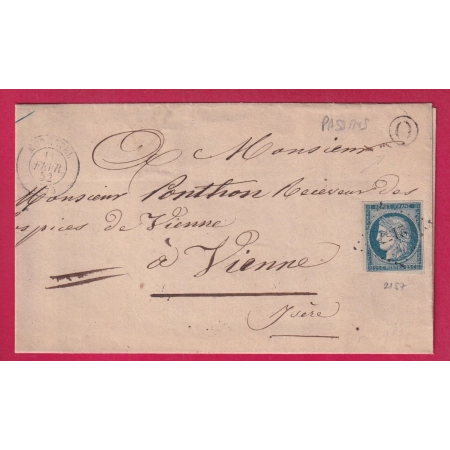 N°4 PC 2157 MORESTEL ISERE BOITE RURALE O DE PASSINS POUR VIENNE 1852 LETTRE