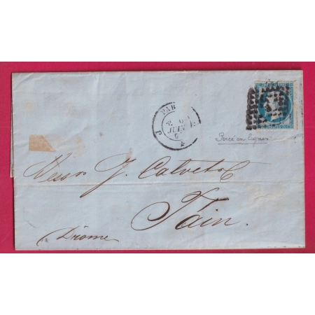 N°14 PERCE EN LIGNE PARIS BUREAU J POUR TAIN DROME 1861 LETTRE