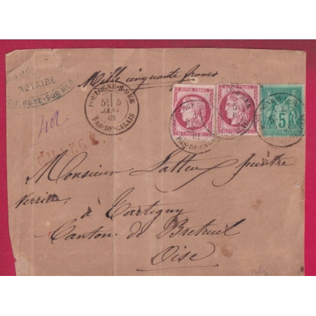 N°49 X2 + 75 BOULOGNE SUR MER PAS DE CALAIS POUR TARTIGNY OISE 1881 DEVANT DE LETTRE